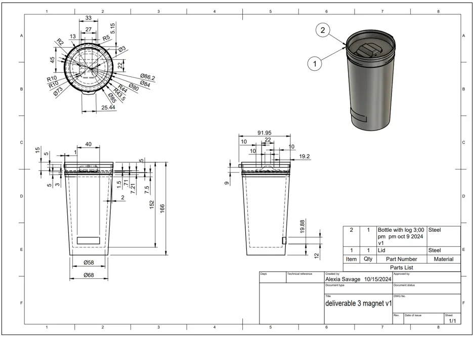 Fusion 360 drawing sheet of the YETI cup with dimensioned top, front, and side views, a shaded isometric view with balloon callouts, a parts list, and a title block naming Alexia Savage as creator
