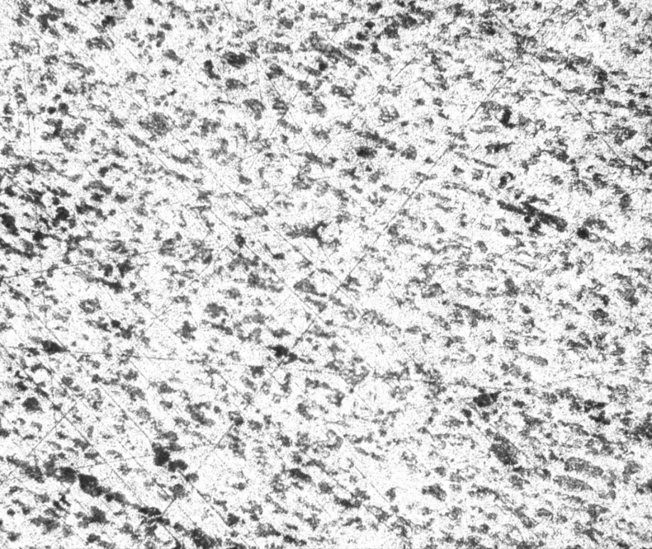 Optical micrograph of an etched carbon steel sample showing light ferrite grains and dark pearlite regions
