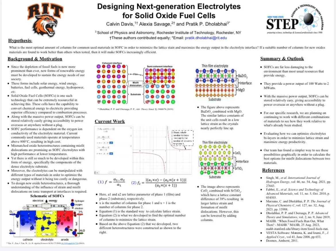Research poster titled Designing Next-generation Electrolytes for Solid Oxide Fuel Cells, showing the derived lattice-strain equation, a Desmos graph used to find optimal column counts, and computational structures of CeO2/SrTiO3 and BaZrO3/MgO interfaces