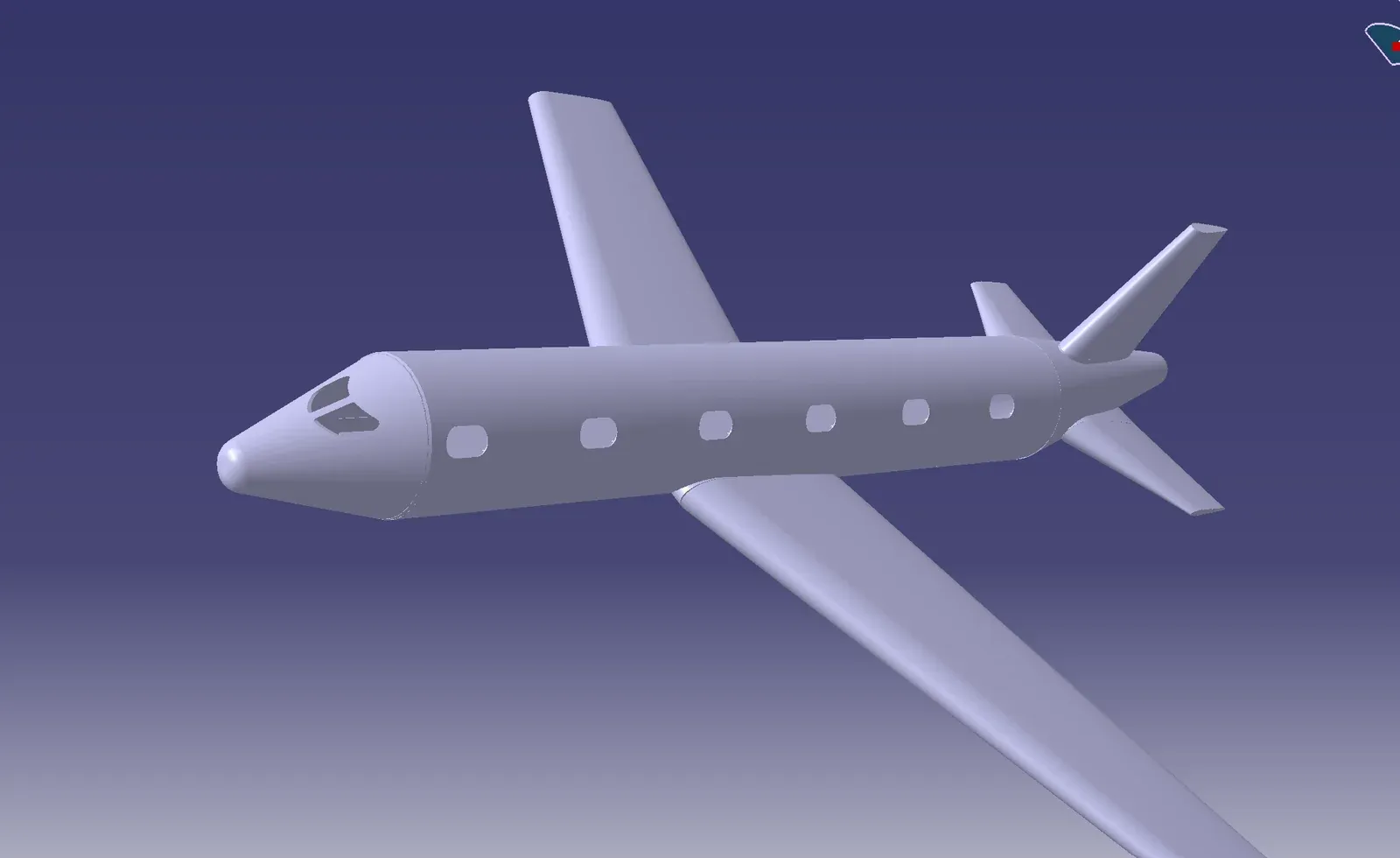CATIA rendering of the assembled aircraft model, with fuselage, nose, wings, cabin windows, and tail