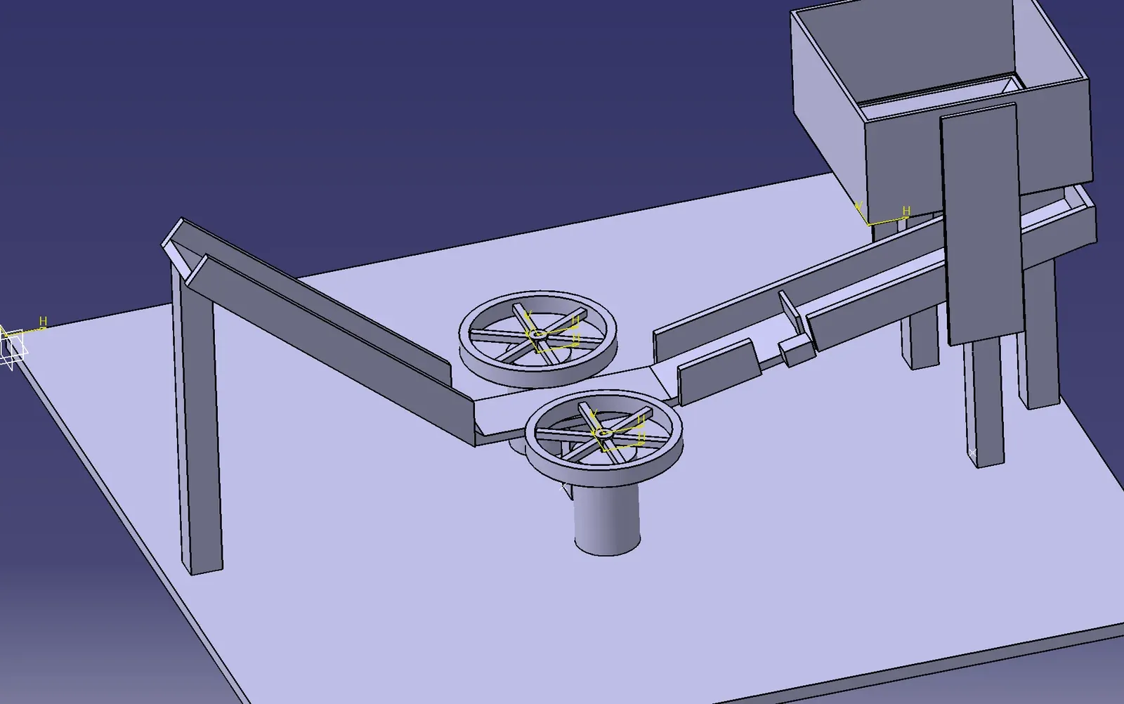 CATIA isometric view of the ping-pong launcher assembly: a funnel bucket on a stand feeding a ramp, two flywheels on motors at the end of the ramp, and a net, all mounted on a square base plate