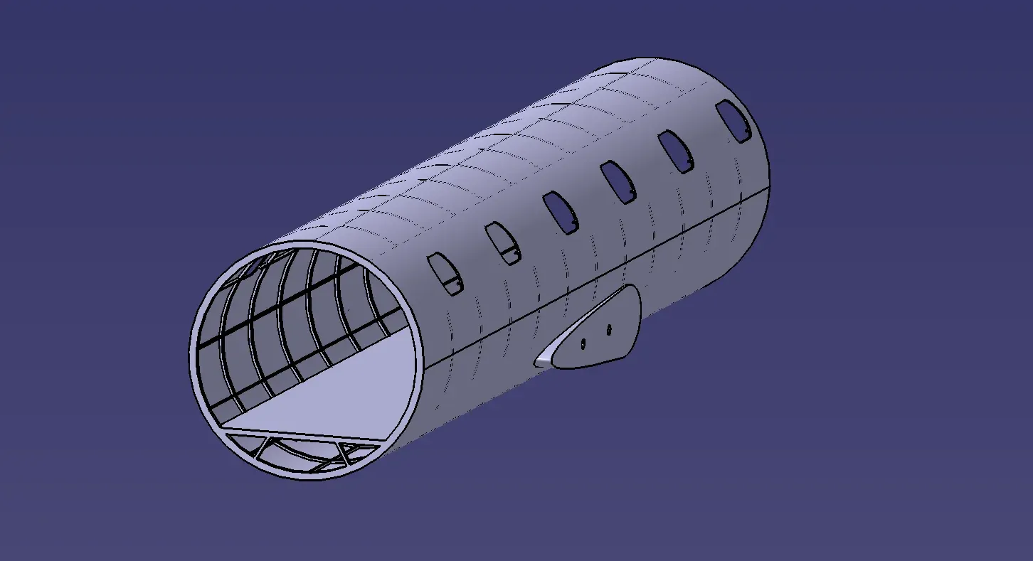 CATIA model of the fuselage section, a hollow tube with internal frames, cabin window cut-outs, and a wing root fairing