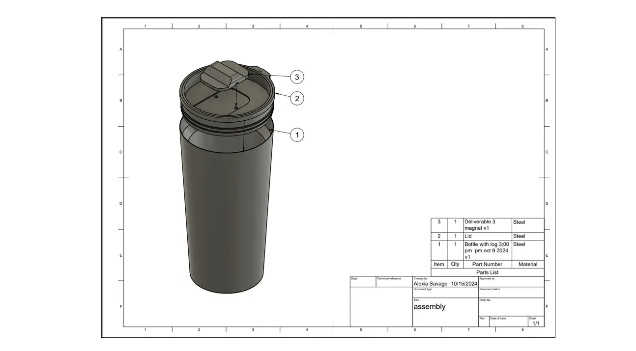Fusion 360 assembly drawing of the full YETI bottle with balloon callouts for the bottle, lid, and magnet slider, a three-item parts list, and a title block naming Alexia Savage as creator