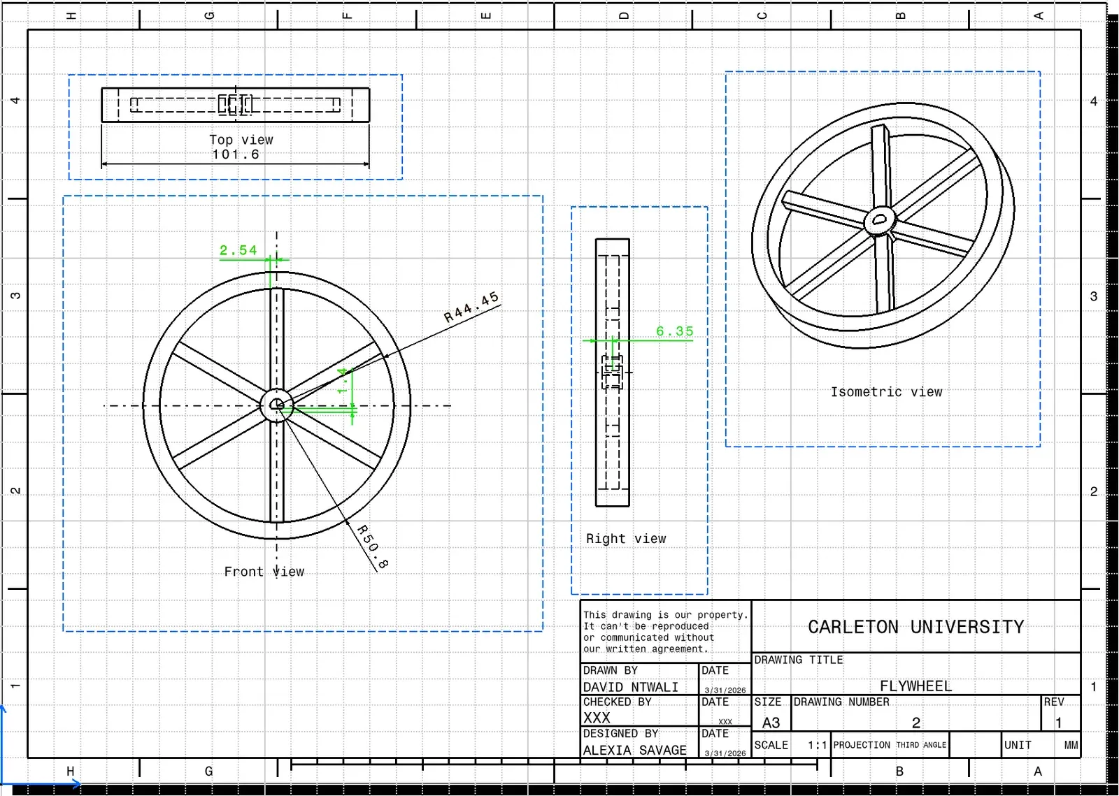 Working drawing of the 3D-printed flywheel with top, front, right, and isometric views and dimensions