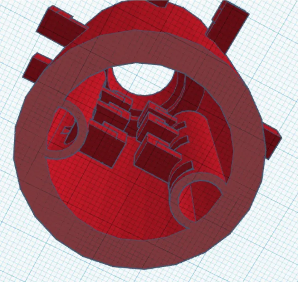 Tinkercad CAD model of the custom electrolysis chamber, showing the circular housing with internal electrode mounts and side ports
