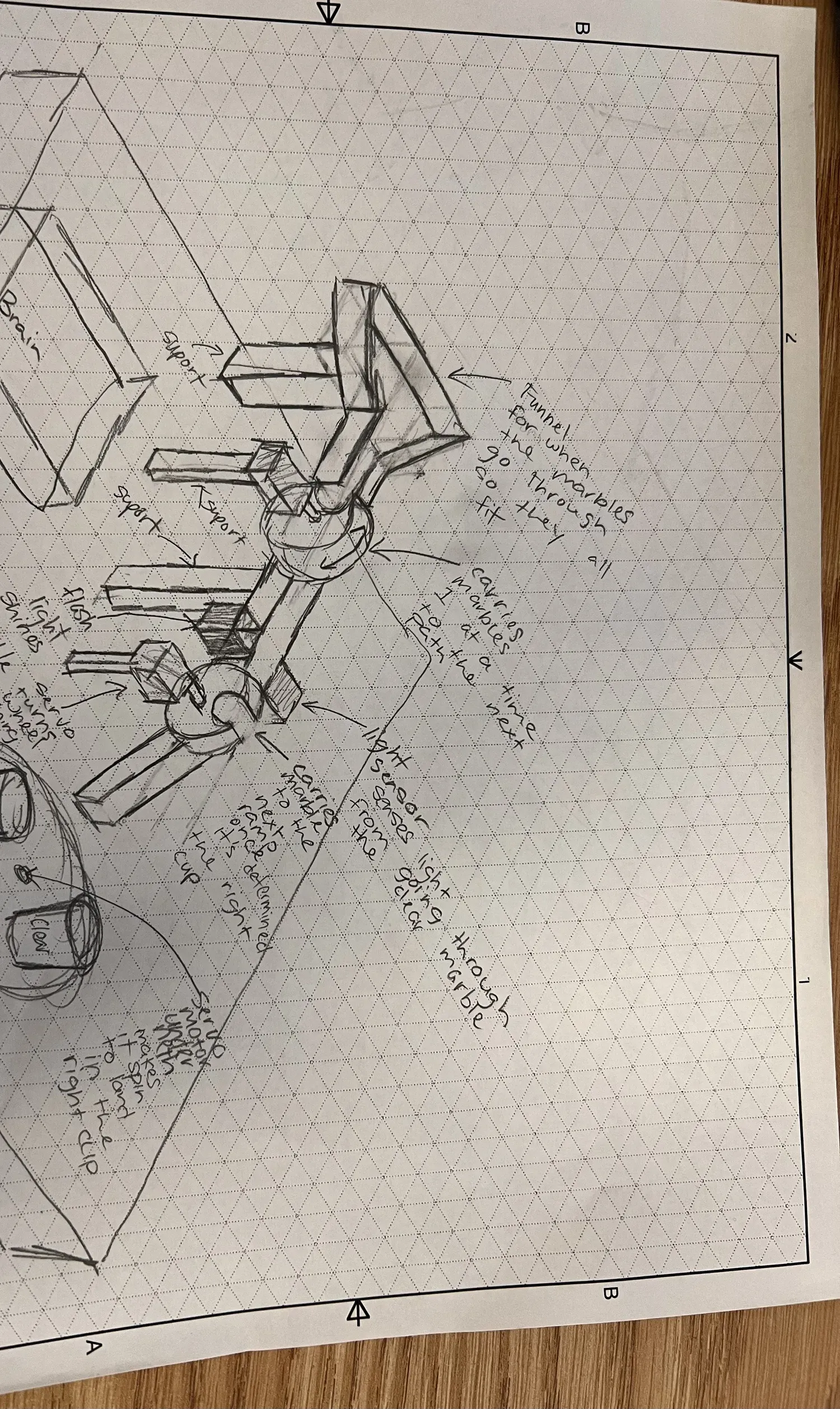 Hand-drawn isometric concept sketch of the marble sorter mechanism on grid paper, annotated with labels for the funnel, light sensor, servo-driven wheel, and dark and clear collection cups