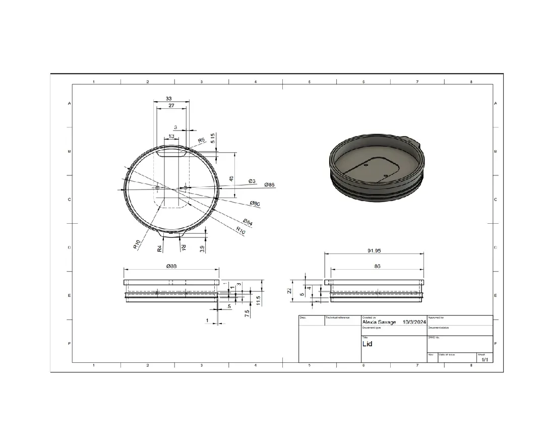 Fusion 360 lid component drawing with dimensioned top, front, and side views, radii and diameter callouts, an isometric render, and a title block naming Alexia Savage as creator