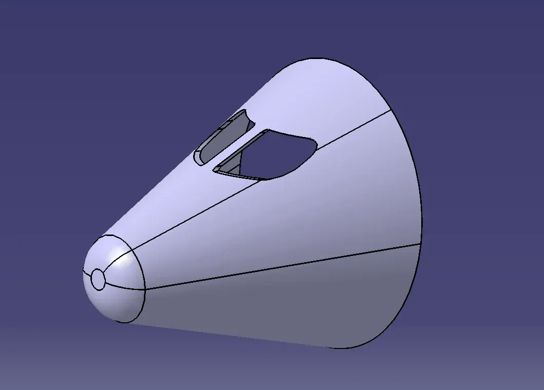 CATIA model of the nose cone with two cockpit window cut-outs and a rounded tip