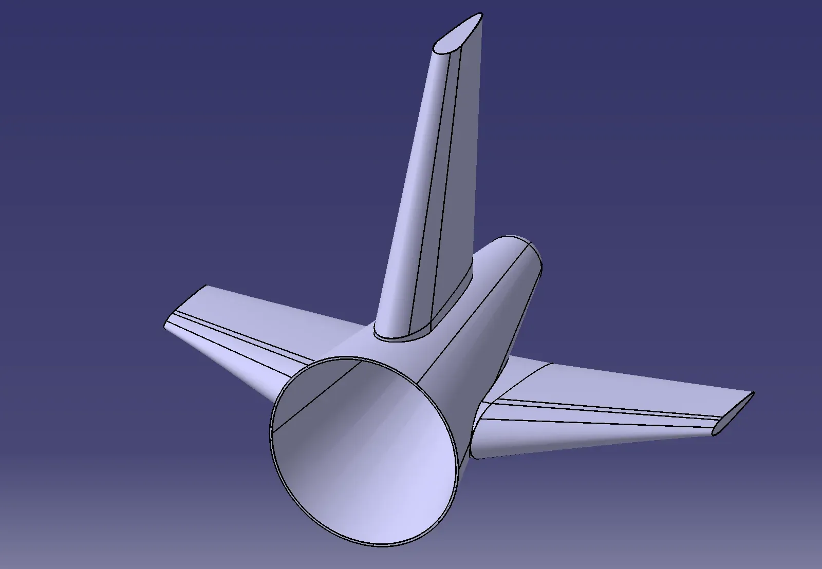 CATIA model of the tail section: a tapered cone with a swept vertical stabilizer and two horizontal stabilizers