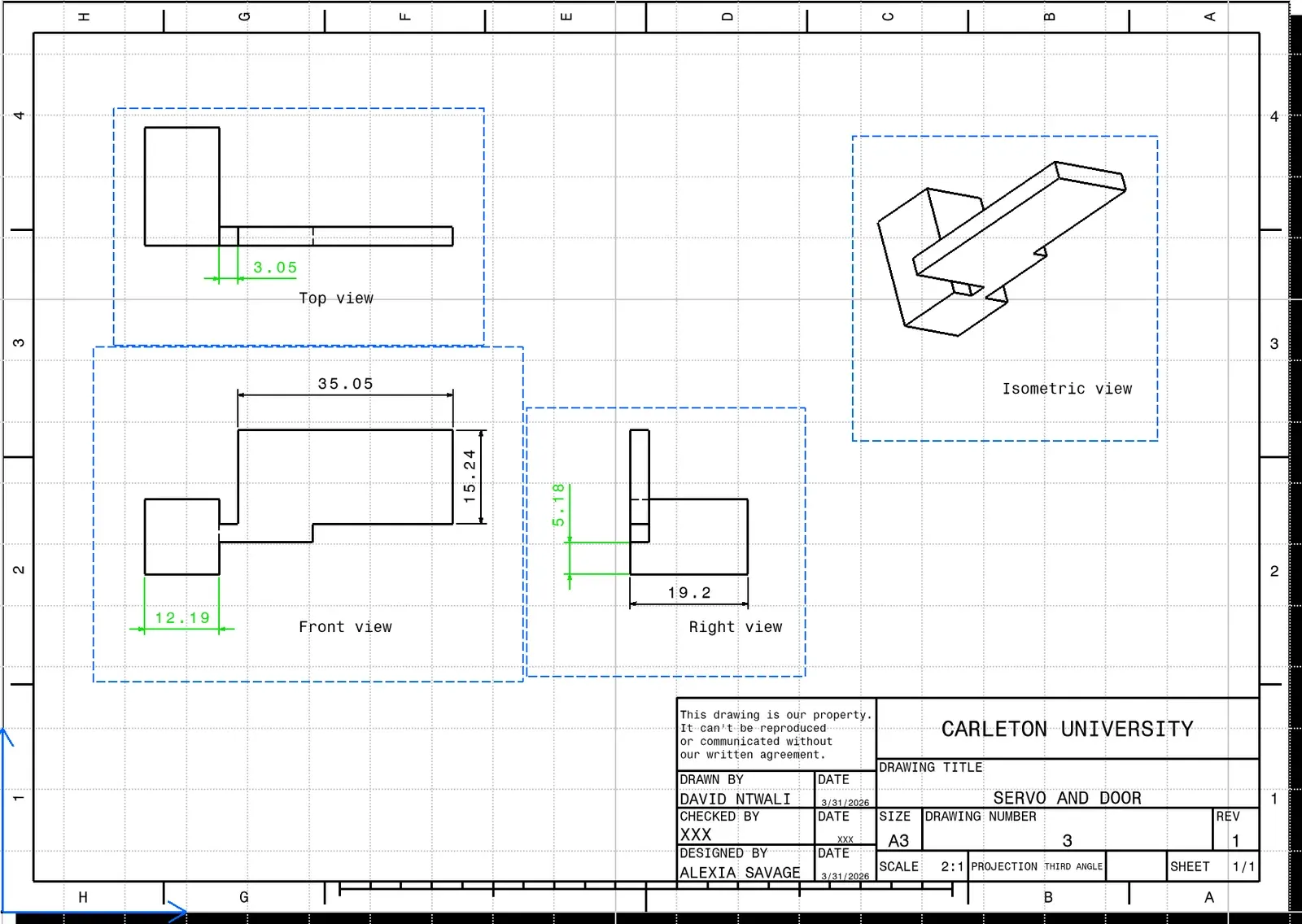 Working drawing of the servo motor and door assembly with top, front, right, and isometric views