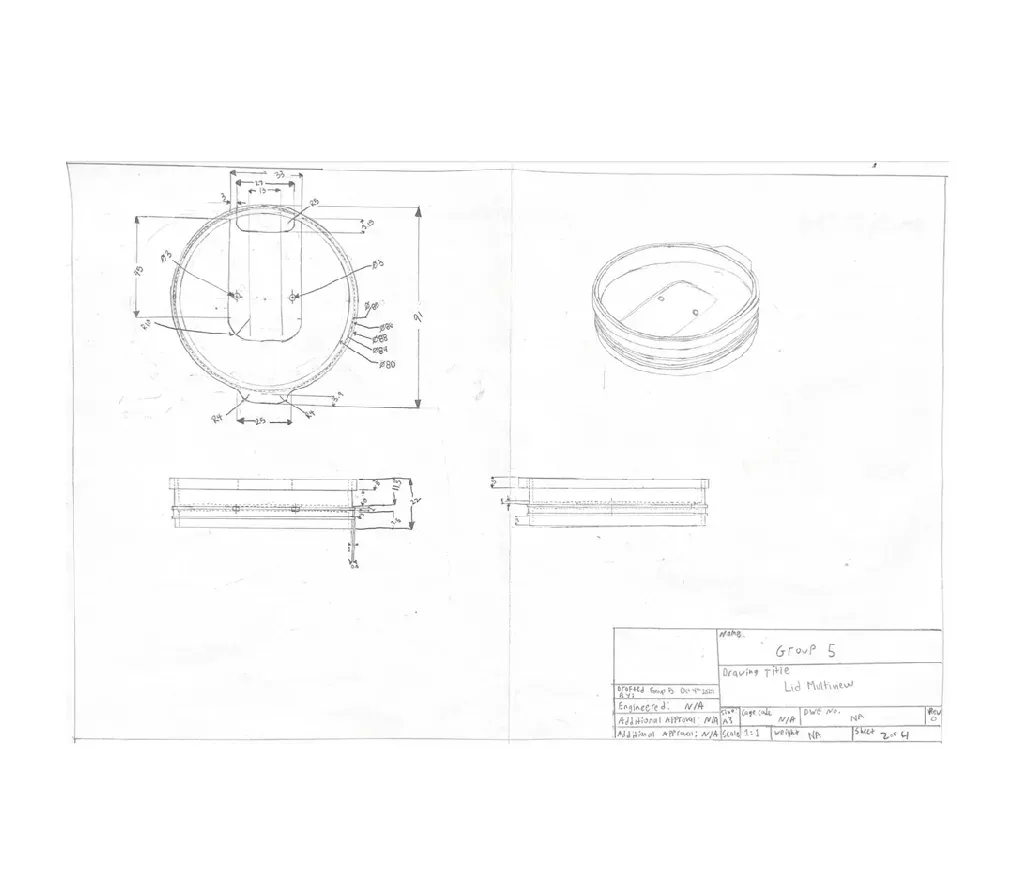 Hand-drawn multiview drawing of the YETI lid on an A3 sheet at 1:1 scale, showing dimensioned top, front, and side views, an isometric sketch, and a completed title block